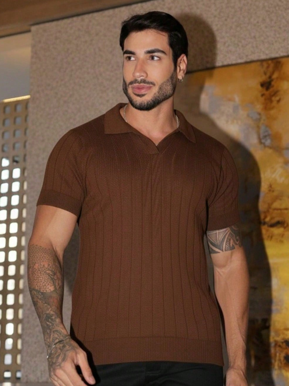 Camisa de tricot gola polo primavera verão masculina alta qualidade