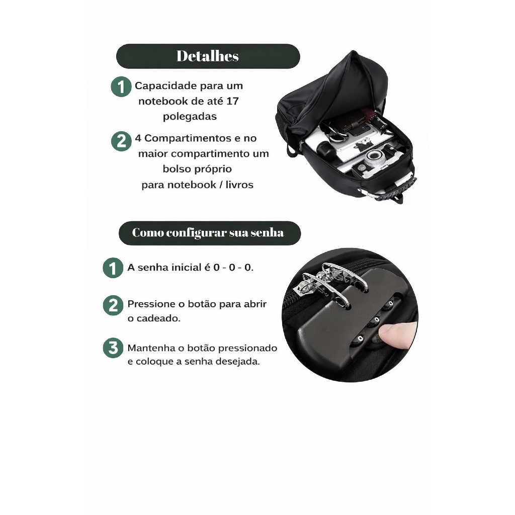 Mochila Masculina Feminina Escolar Faculdade Bolso Antifurto Nas Costas Resistente Cadeado Saída USB