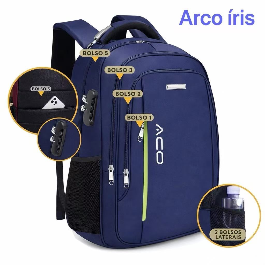 Mochila Masculina Feminina Escolar Faculdade Bolso Antifurto Nas Costas Resistente Cadeado Saída USB