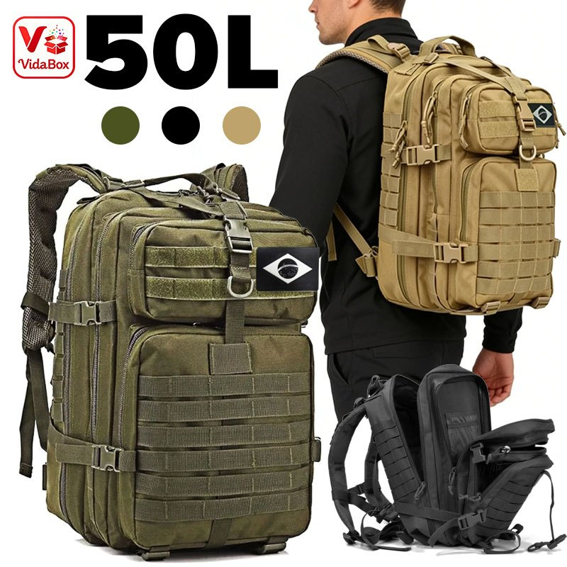 Mochila Militar Tática 50 Litros Grande Impermeável Reforçada com Bandeira Qualidade Premium