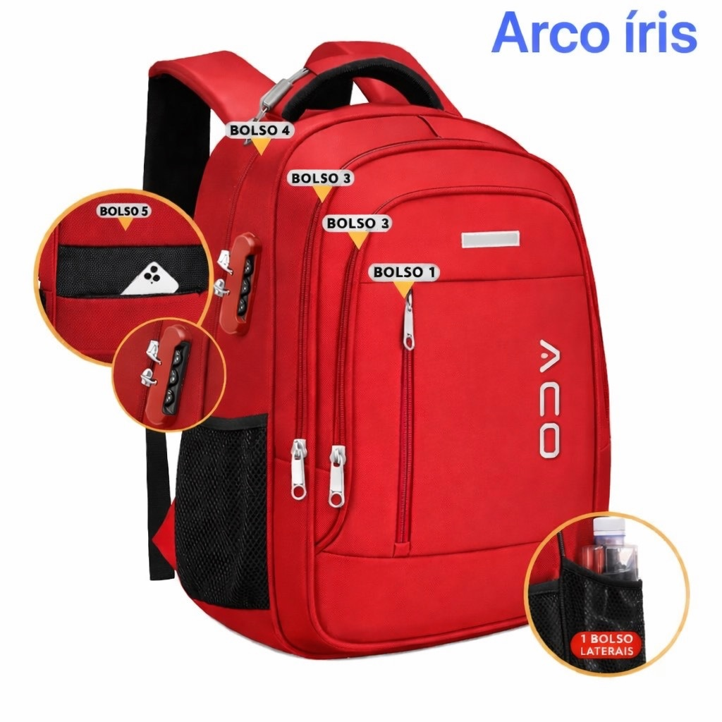 Mochila Masculina Feminina Escolar Faculdade Bolso Antifurto Nas Costas Resistente Cadeado Saída USB
