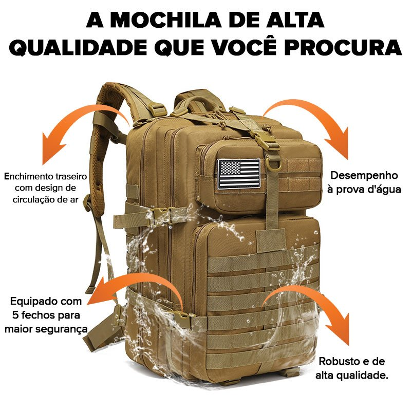 Mochila Militar Tática 50 Litros Grande Impermeável Reforçada com Bandeira Qualidade Premium
