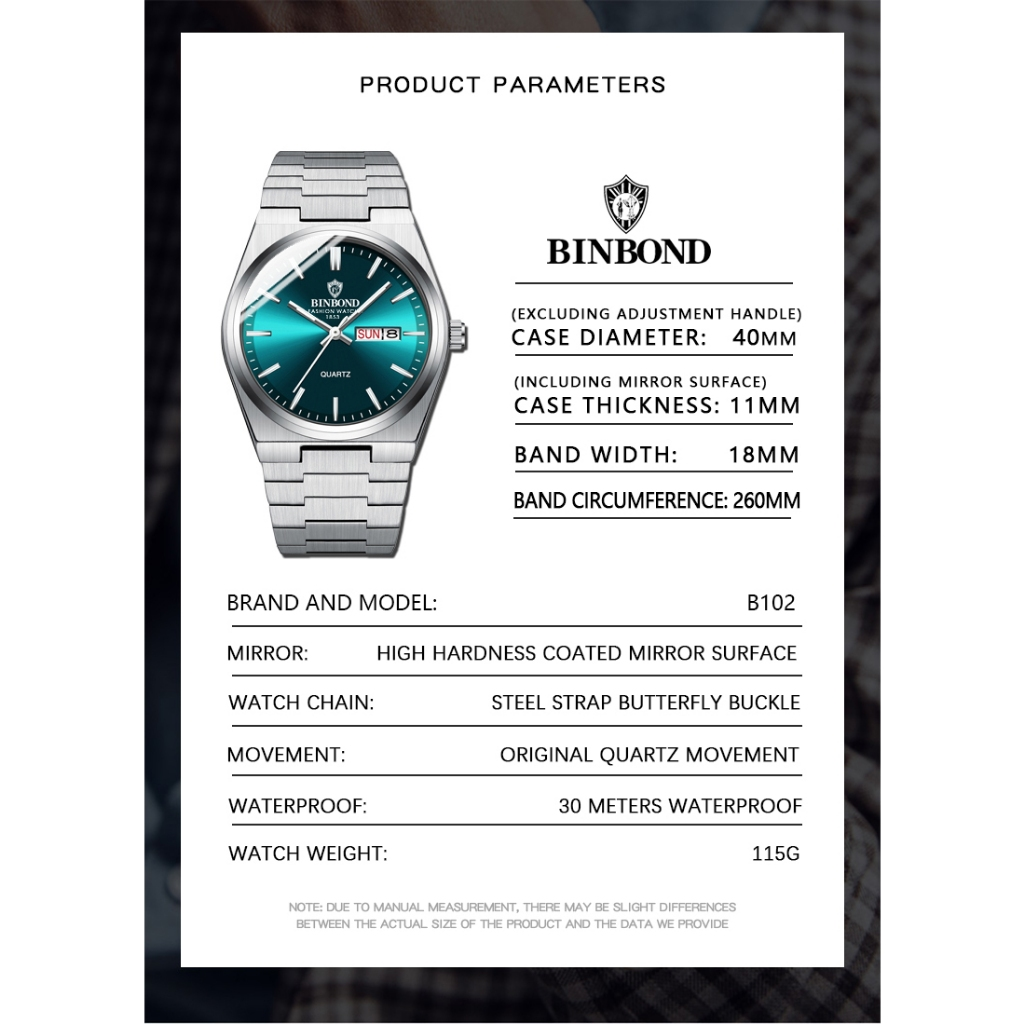 Binbang BINBOND B102 Moda Nova Fivela De Aço Inoxidável Relógio Masculino Casual De Quartzo Calendário Fino