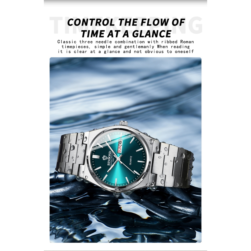 Binbang BINBOND B102 Moda Nova Fivela De Aço Inoxidável Relógio Masculino Casual De Quartzo Calendário Fino