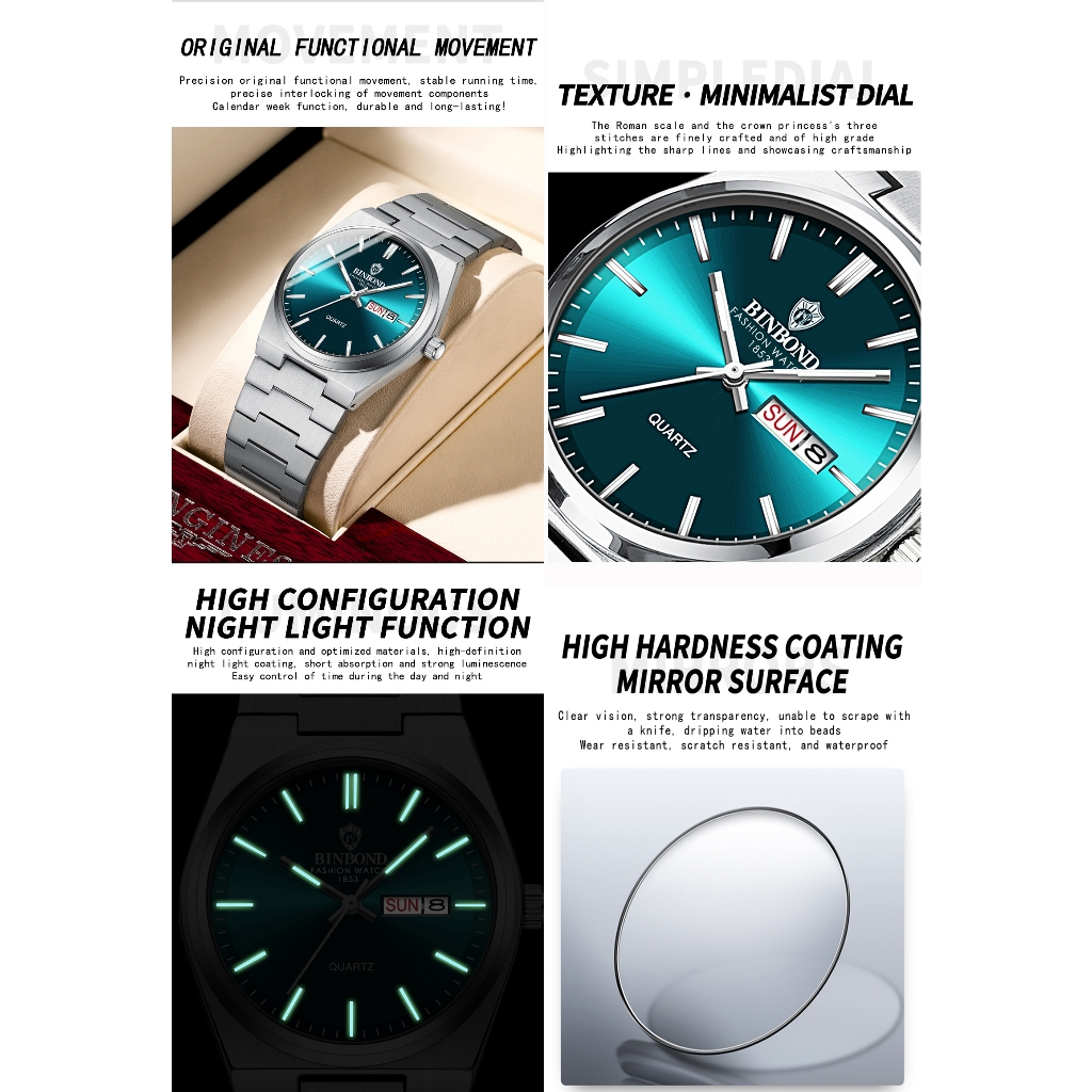 Binbang BINBOND B102 Moda Nova Fivela De Aço Inoxidável Relógio Masculino Casual De Quartzo Calendário Fino