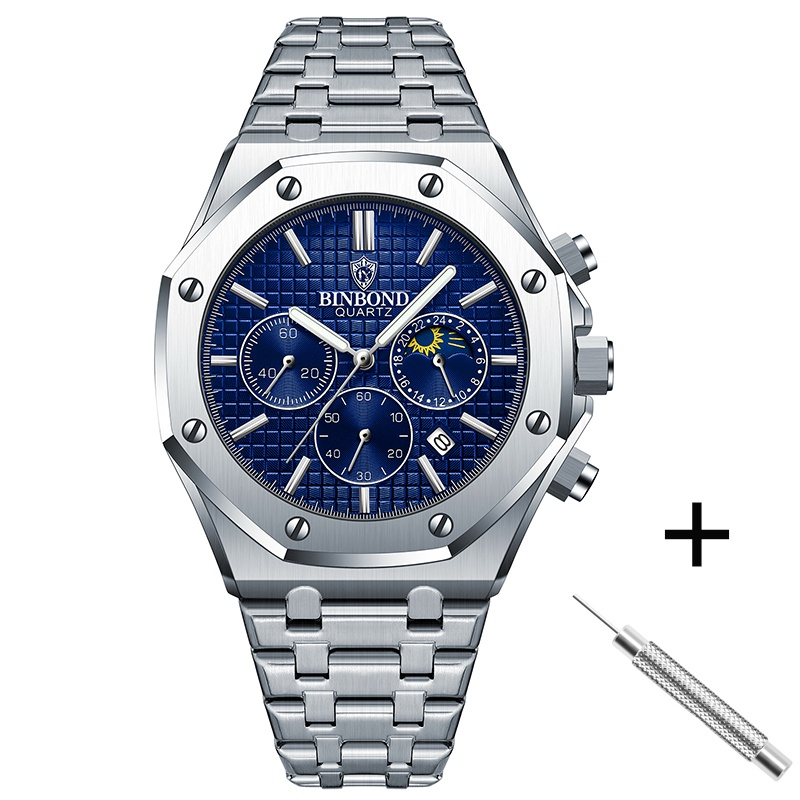 BINBOND B0161 Relógio Multifuncional Esportivo B0161 Faixa De Aço Masculina À Prova D'água Quartzo