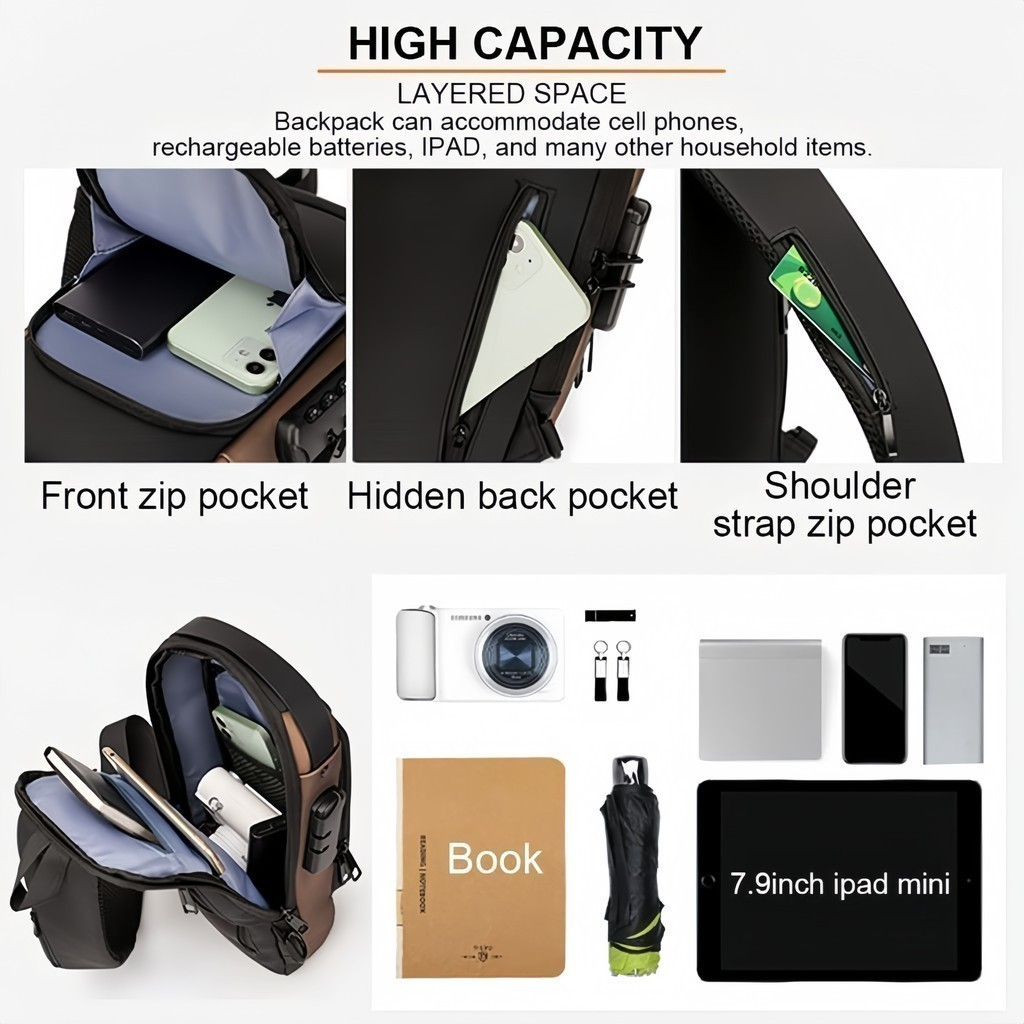 Mochila De Peito Masculina À Prova D'água Com Trava De Código Usb Alta Qualidade - ANA