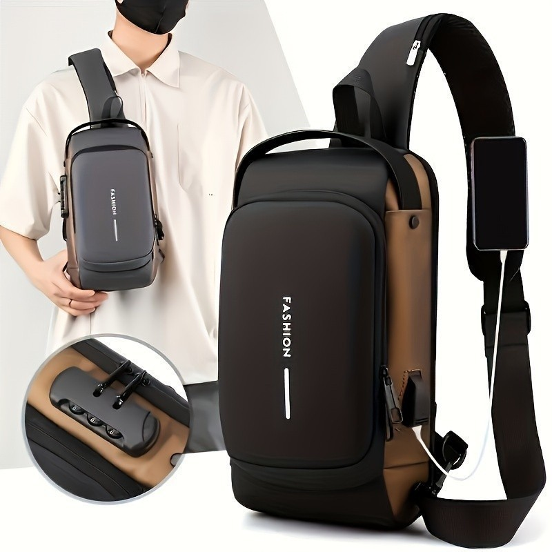 Mochila De Peito Masculina À Prova D'água Com Trava De Código Usb Alta Qualidade - ANA