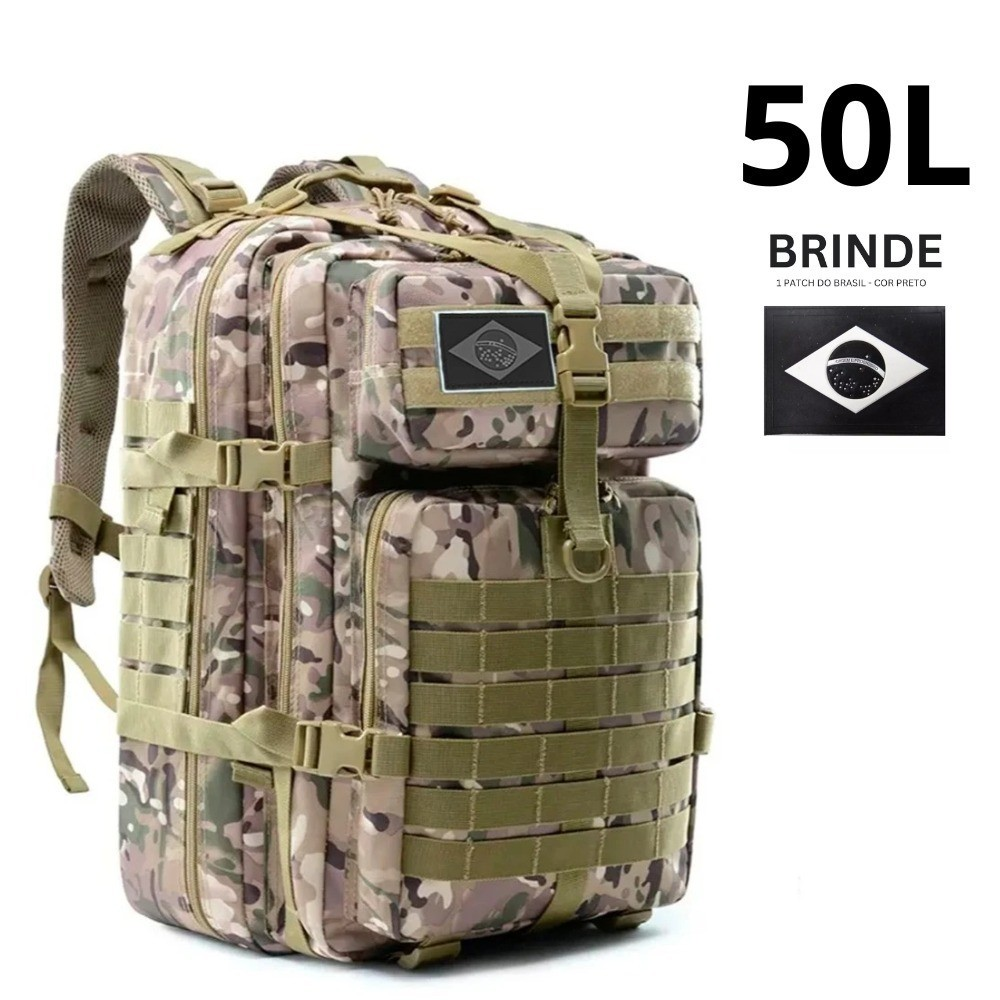 Mochila Militar Tática 50 Litros Grande Impermeável Reforçada com Bandeira Qualidade Premium