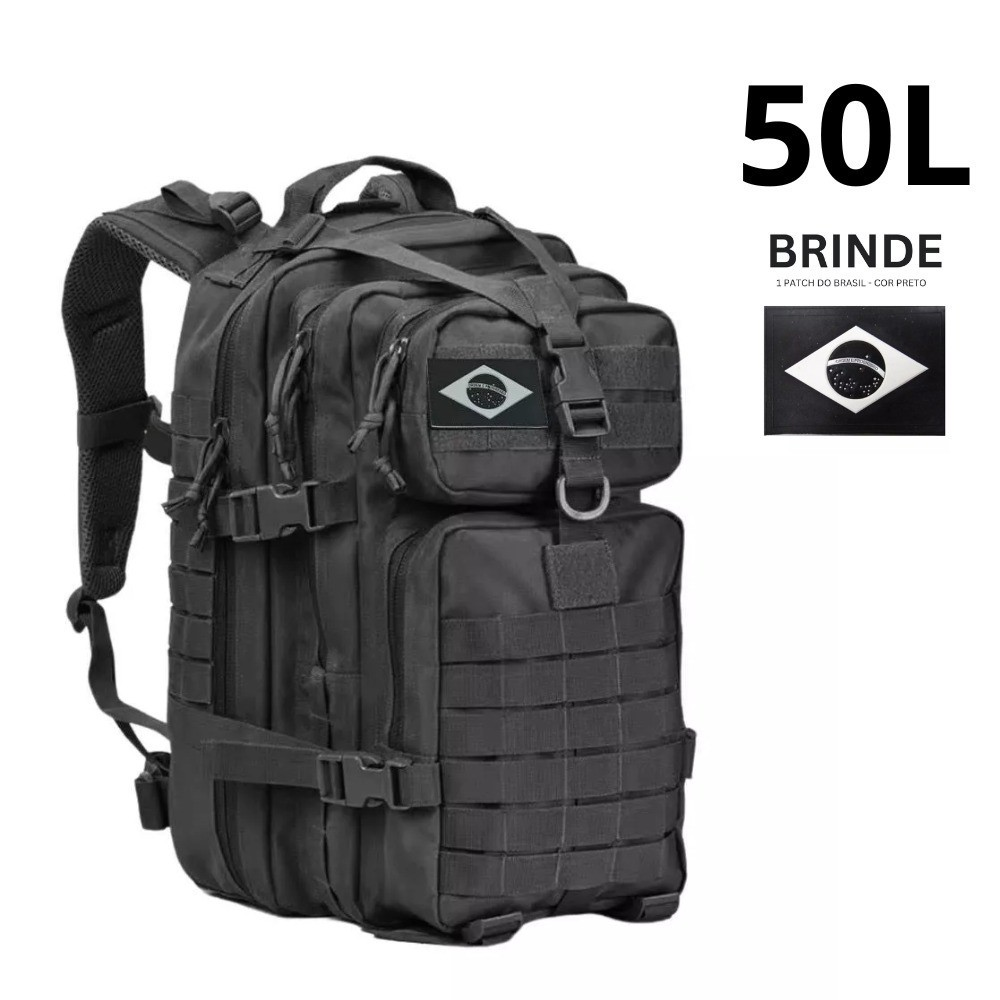 Mochila Militar Tática 50 Litros Grande Impermeável Reforçada com Bandeira Qualidade Premium