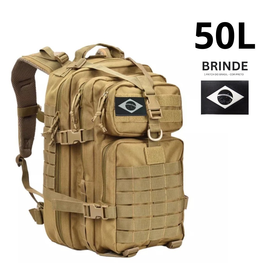 Mochila Militar Tática 50 Litros Grande Impermeável Reforçada com Bandeira Qualidade Premium