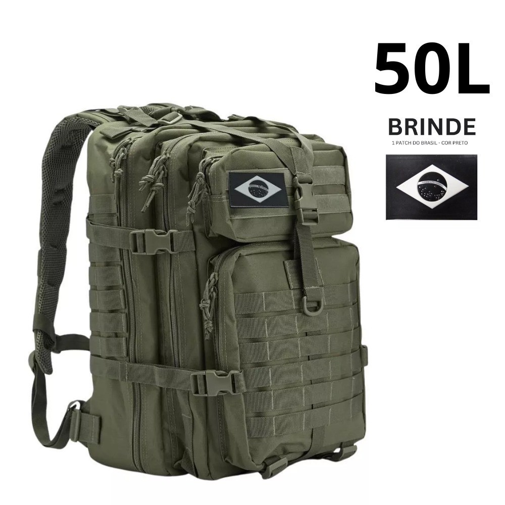 Mochila Militar Tática 50 Litros Grande Impermeável Reforçada com Bandeira Qualidade Premium