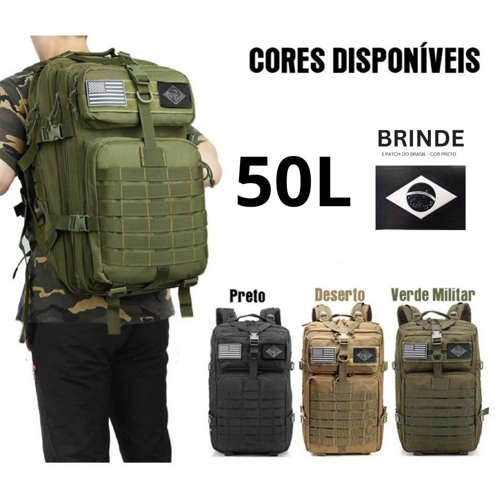 Mochila Militar Tática 50 Litros Grande Impermeável Reforçada com Bandeira Qualidade Premium