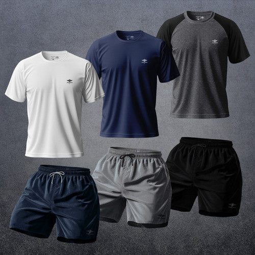 Kit Camisetas Dry Fit Manga Raglan E Shorts Verão P Ao Plus