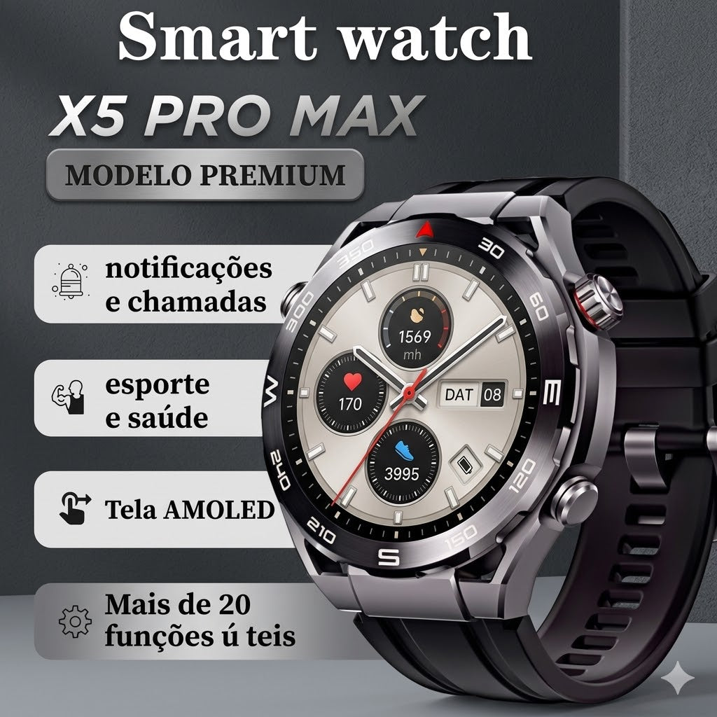 Smartwatch X5 Pro Max Ultra – Tela HD 1.46", Chamadas Bluetooth e Memória 128MB (Lançamento 2026)